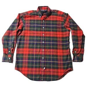 Ralph Lauren Men's Flannel Button Down Shirt Red Plaid Long Sleeve Cotton Medium
